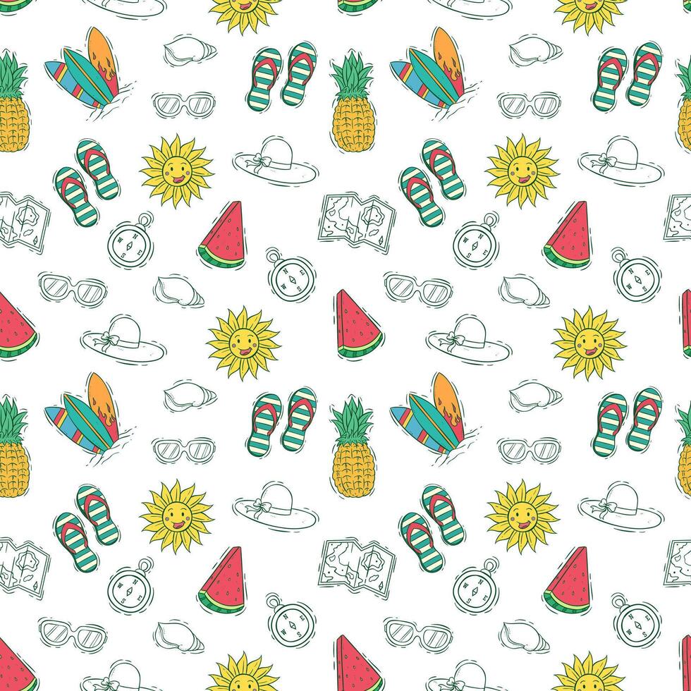 Seamless Pattern of Summer Elements with Watermelon, Surfboard, Pineapple, and Slippers vector