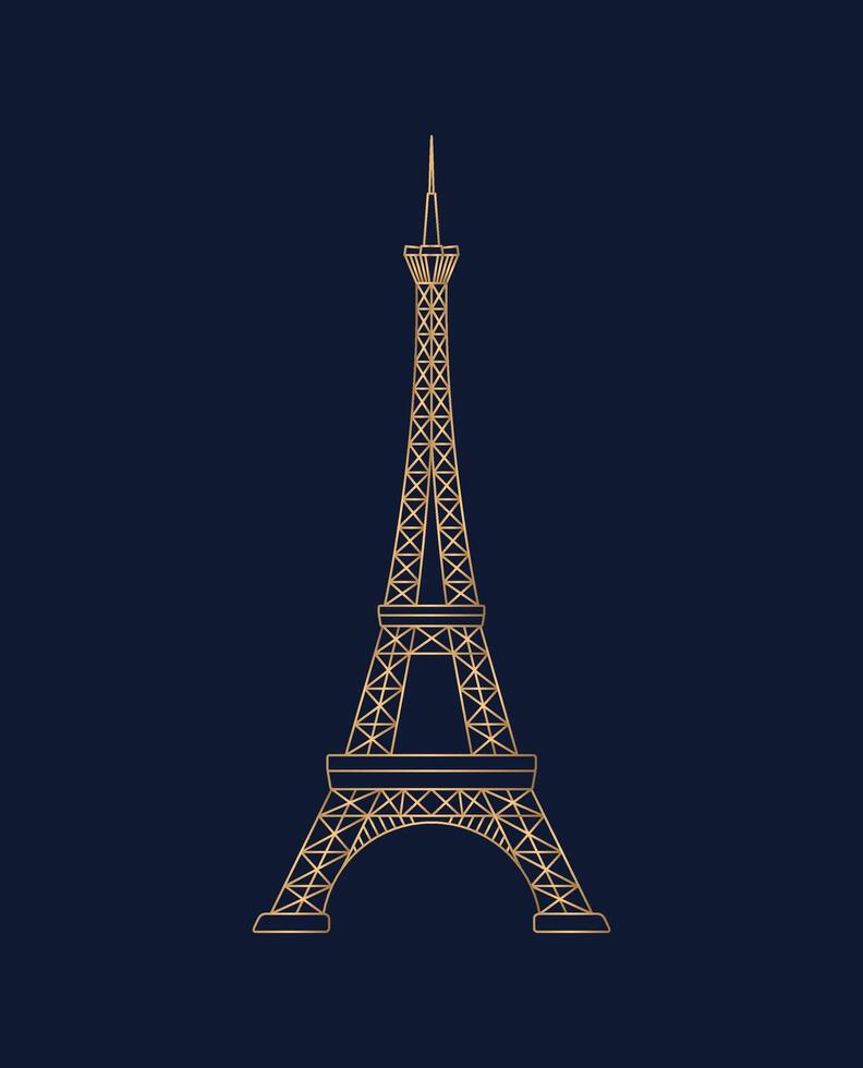 Eiffel Tower drawing, simple gold lines on a dark blue background. vector