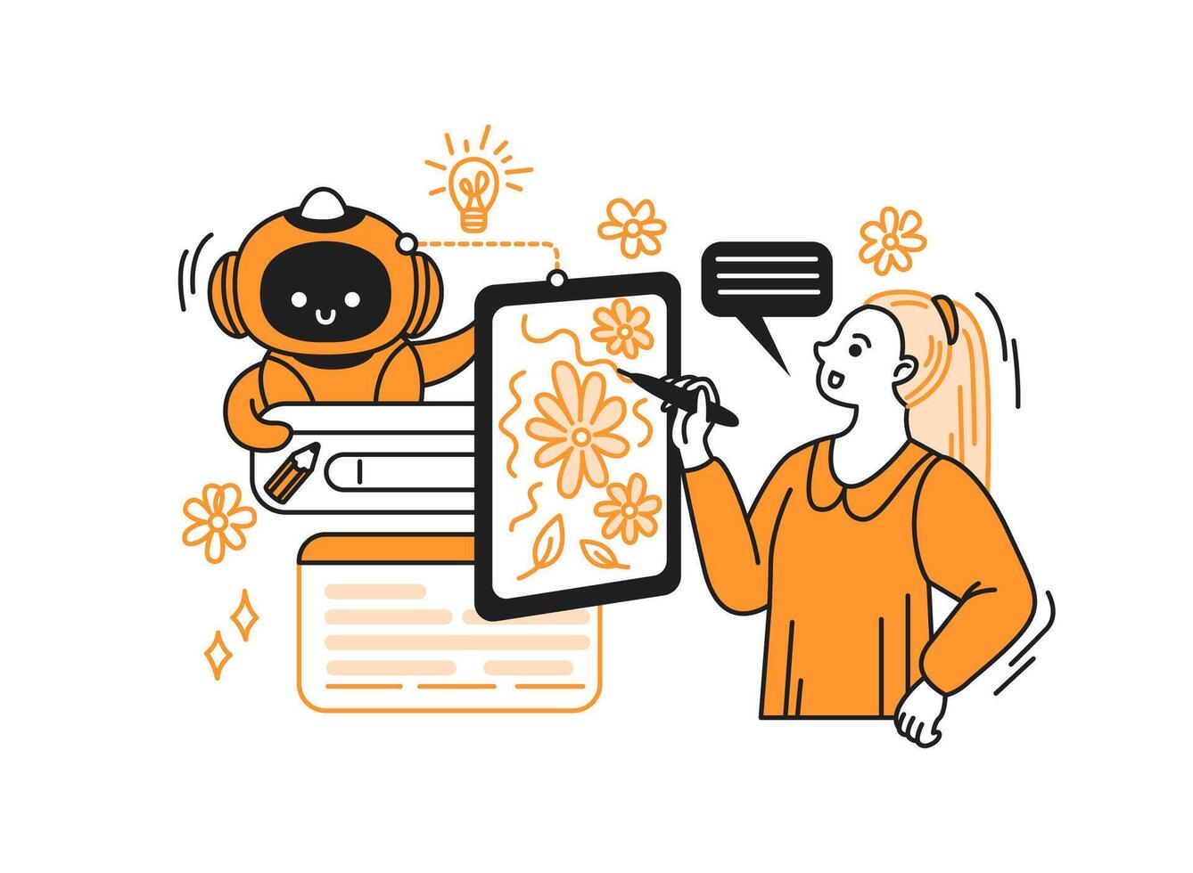 Digital illustration featuring a cheerful robot and an artist. The robot suggests ideas, while the artist draws floral patterns. Bright orange and black create a playful mood. vector