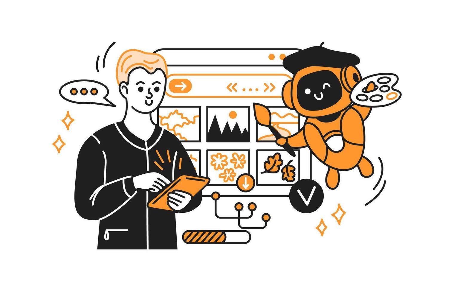 Digital illustration of a person and a friendly robot collaborating in creative work. The robot holds a palette and brush, symbolizing artistic innovation and technology. vector