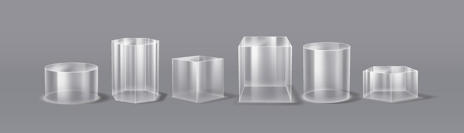 Collection of geometric podium glass in 3D style on a gray backdrop. Cylinders, cubes, and hexagons showcase modern design and versatility for various applications. vector