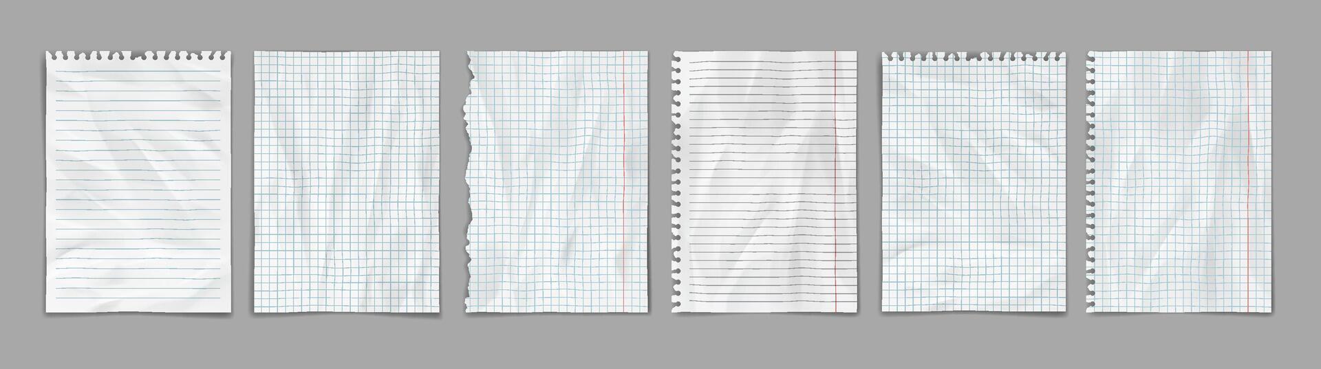 Collection of torn notebook paper sheets in realistic style. Includes lined and graph paper with textured creases. Ideal for academic or design projects. vector