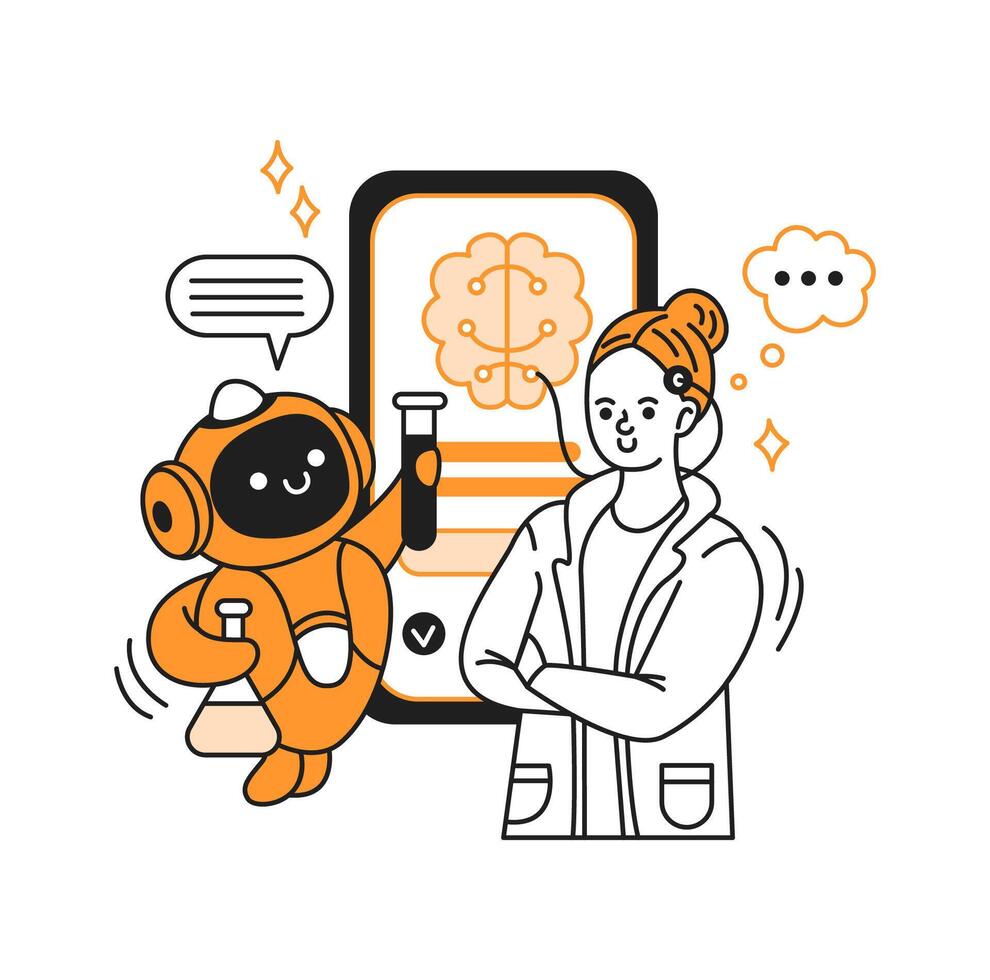 Cute robot and smiling female scientist with test tubes. They are interacting with digital device displaying brain. Minimalistic style in black and orange colors. vector