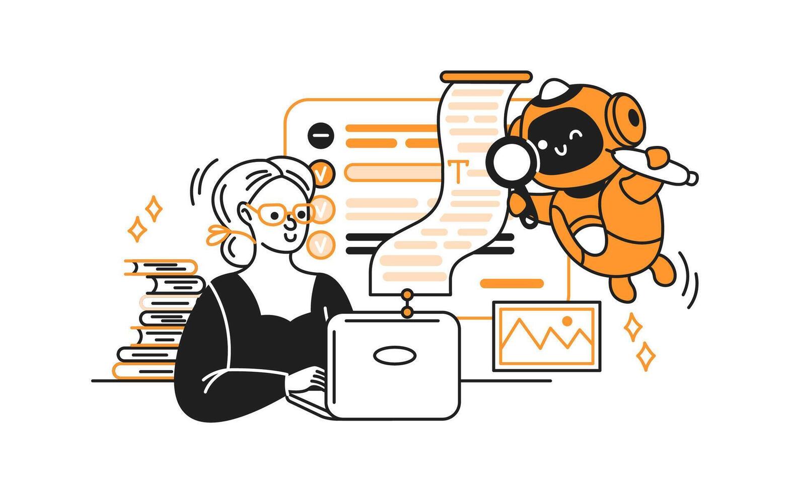 Cartoon character and robot working together in creative writing. Bright colors enhance the playful scene. Ideal for content creation themes and editorial contexts. vector