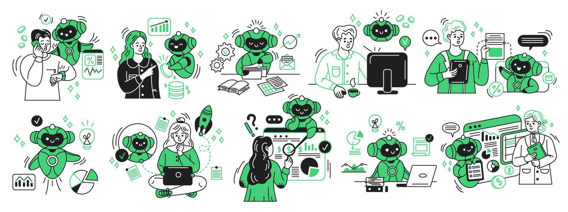 Illustration of artificial intelligence and humans collaborating in business and technology setting. Bright colors and modern style highlight teamwork in data analysis and project management. vector