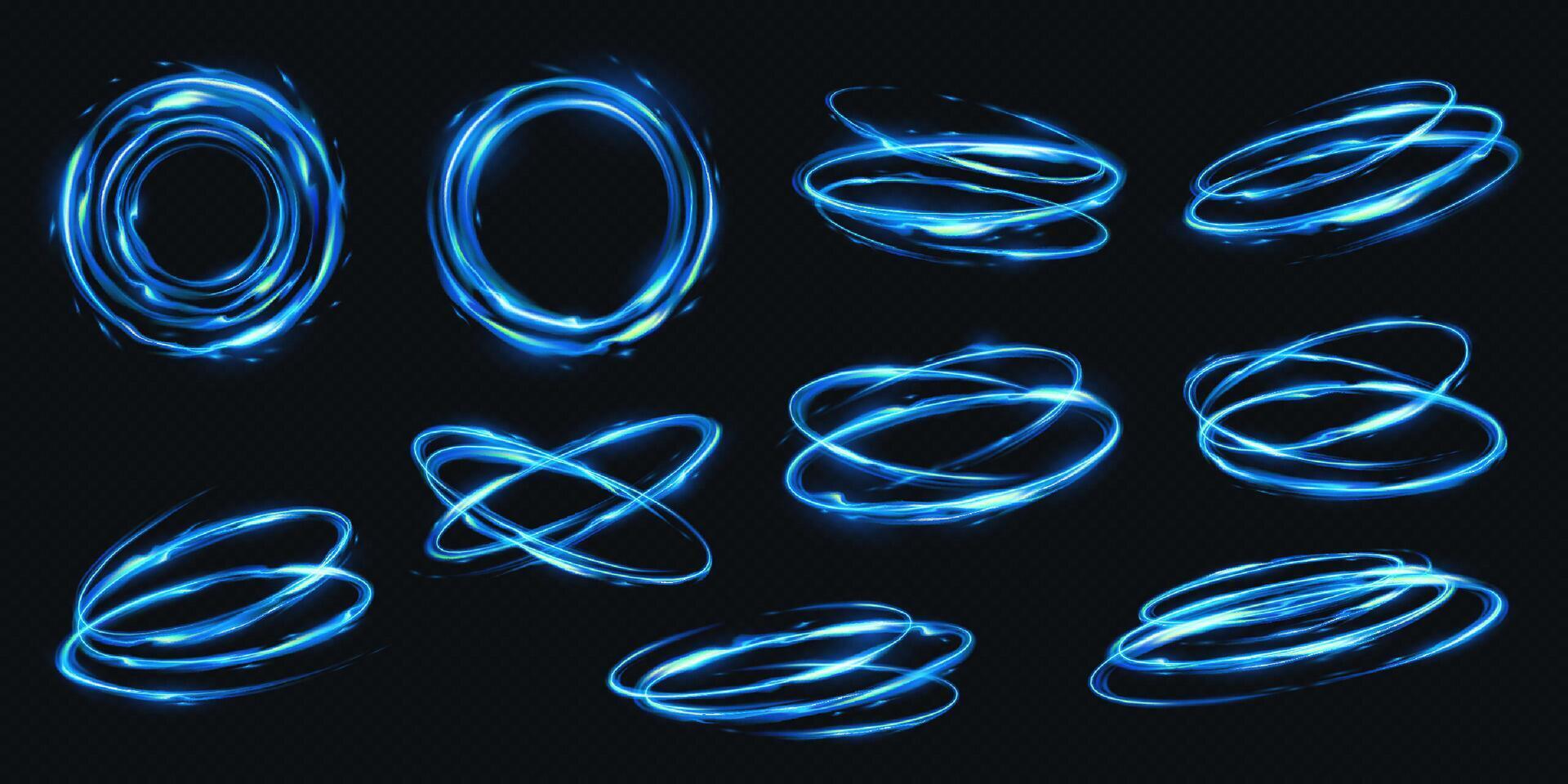 Digital art of bright blue light swirls on dark backdrop. Vivid neon circles and ellipses create dynamic energy. Perfect for tech themes and futuristic designs. vector