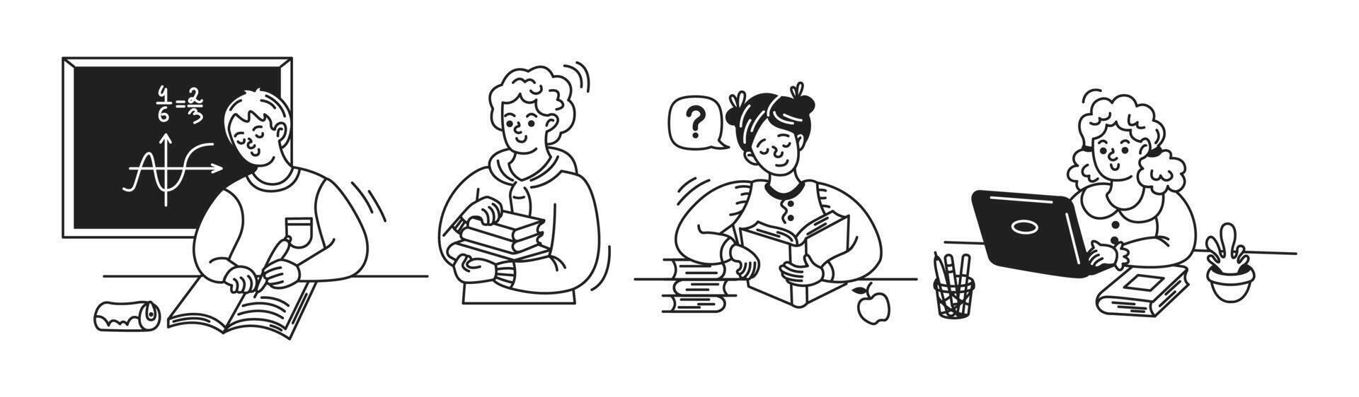 Black and white illustration of four students engaged in various learning activities. Several are reading books, one uses a laptop, while another solves math equations on a chalkboard. vector