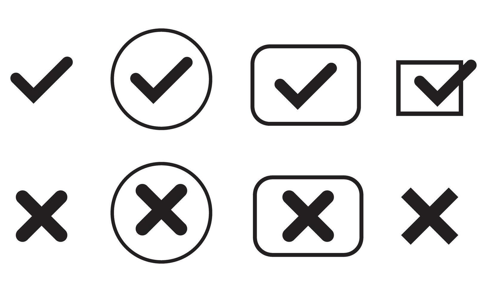 Black check mark and cross mark icons in various shapes,. vector