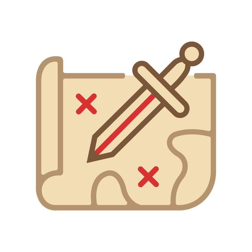 Treasure parchment shows two red marks, while a sword rests over the rolled map vector