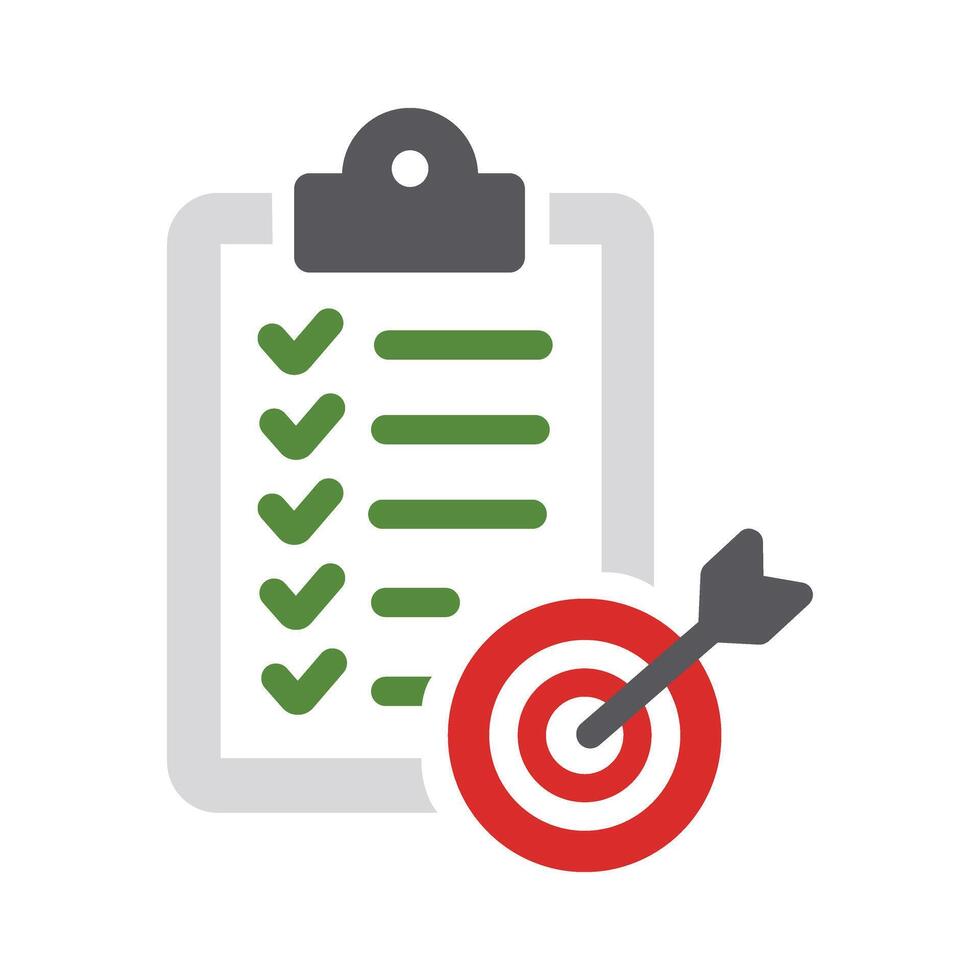 Arrow hits the center of the target next to clipboard with completed tasks vector