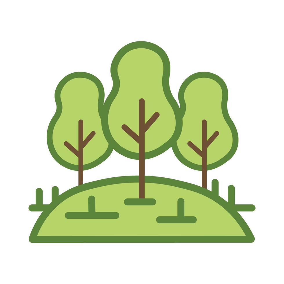 Three abstract green trees stand symmetrically on a matching hill with thick outlines vector