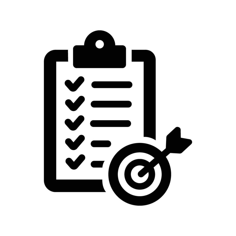 Black clipboard shows checkmarks and lines with target and arrow is transparent vector