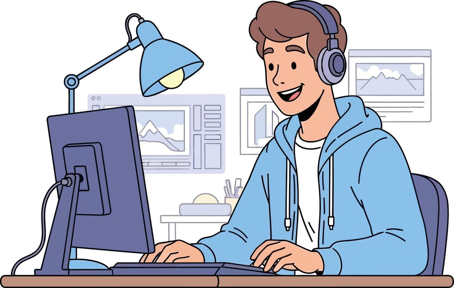 joven hombre con auriculares trabajando en un computadora a un escritorio con un lámpara y múltiple pantallas vector