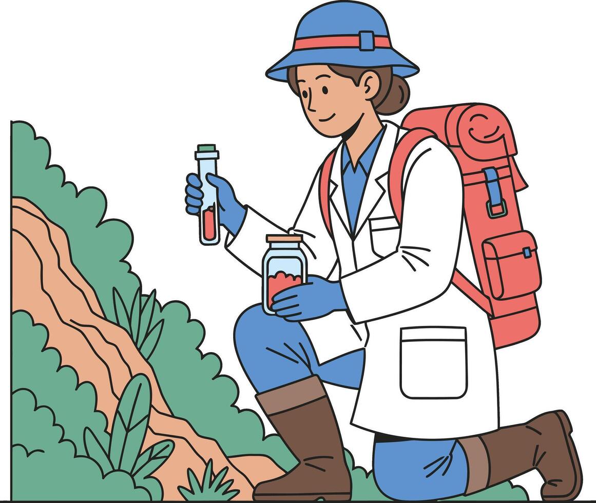 Scientist in Field Gear Collecting Samples of Soil and Water for Analysis in a Nature Reserve vector