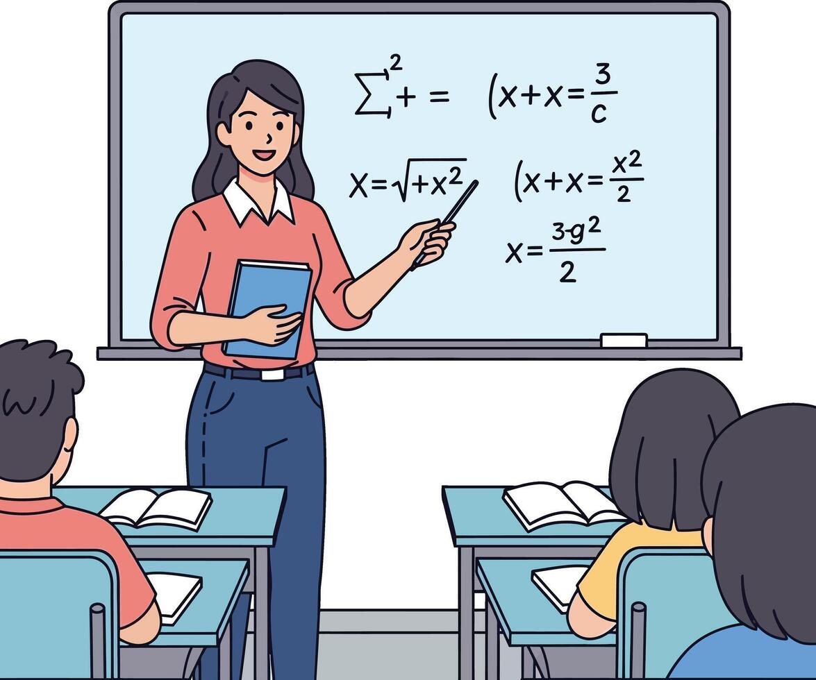 Teacher explaining mathematical equations on a whiteboard in a classroom with students vector