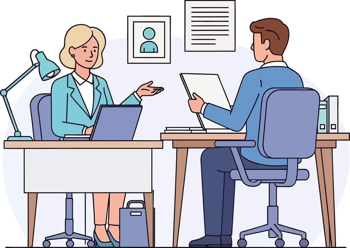 Two professionals are having a discussion while working at their desks in a modern office environment, showcasing collaboration and productivity vector