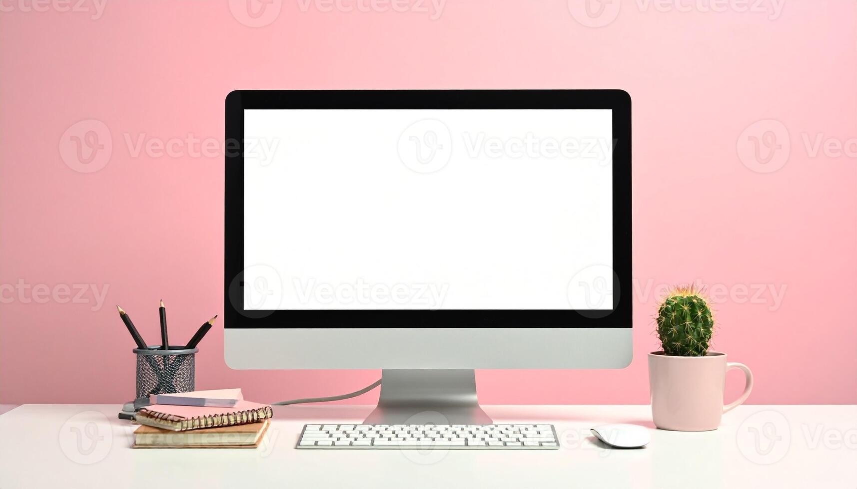 Minimalist Workspace with Computer and Pink Backdrop. photo