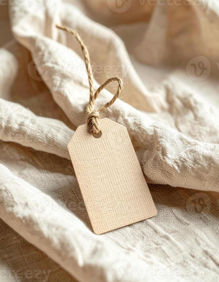 Rustic Tag on Textured Fabric A Blank Canvas for Your Message. photo