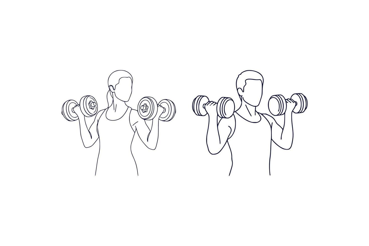 Line Art Depiction of a Woman and a Man Lifting Dumbbells Simultaneously in a Weight Training or Exercise Routine vector