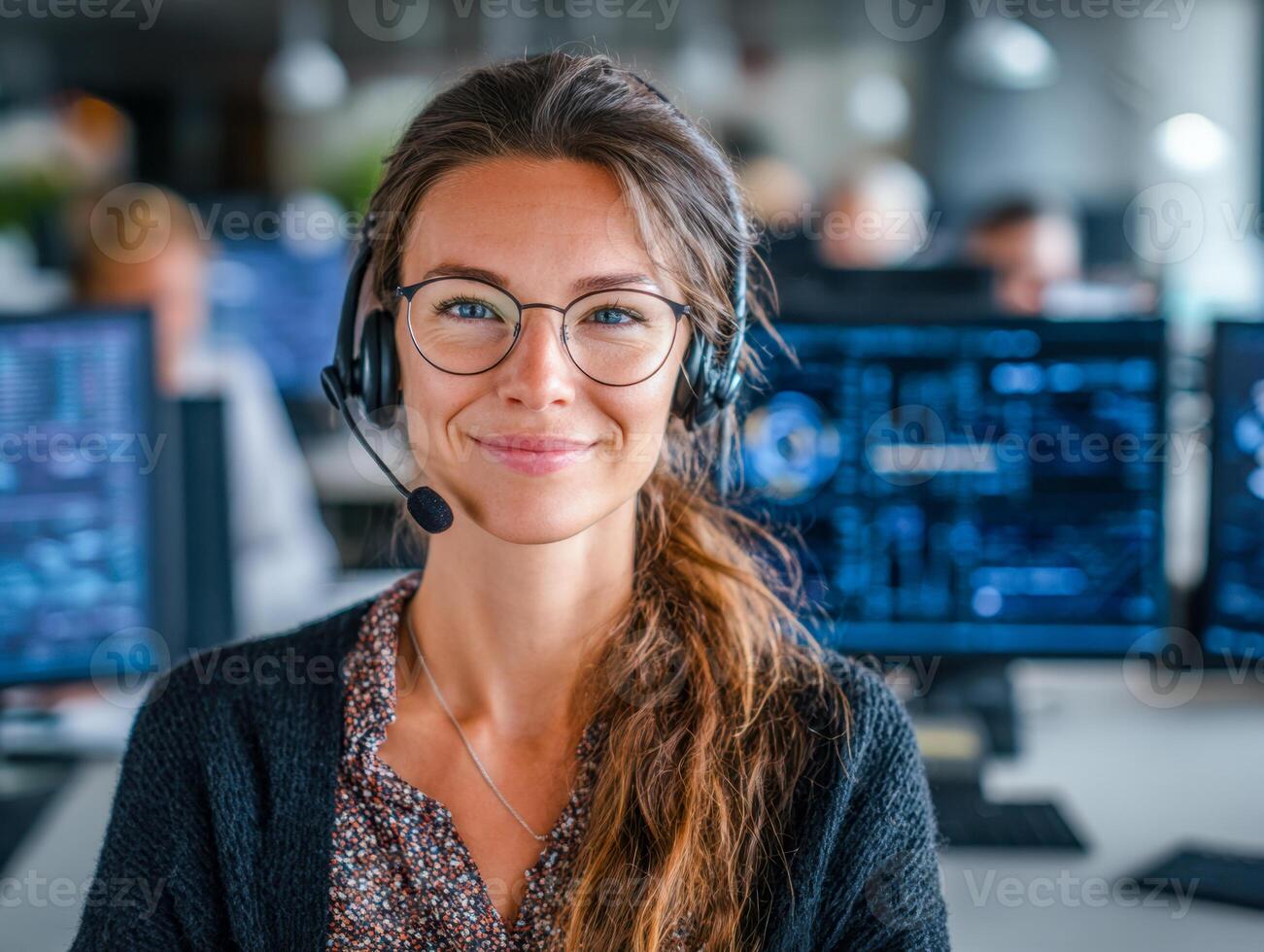 Young woman with headset and glasses smiling confidently while working in a modern tech support center with multiple computer screens in the background photo