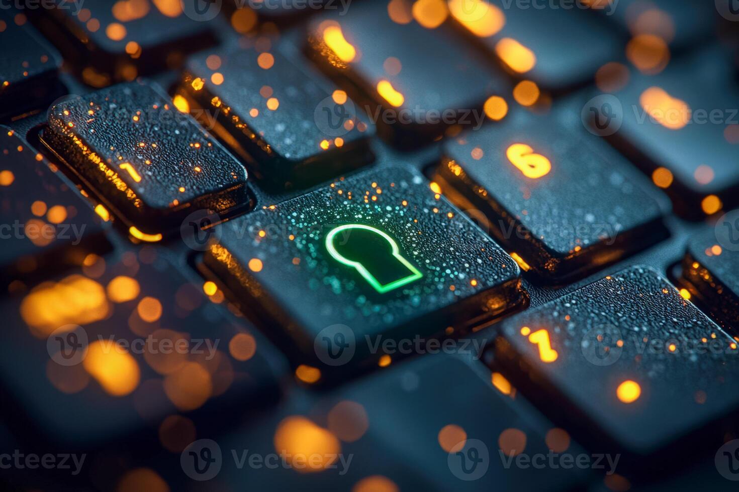 Close-up of a computer keyboard with an illuminated security lock icon, droplets of water on the keys, and bokeh lighting effects photo