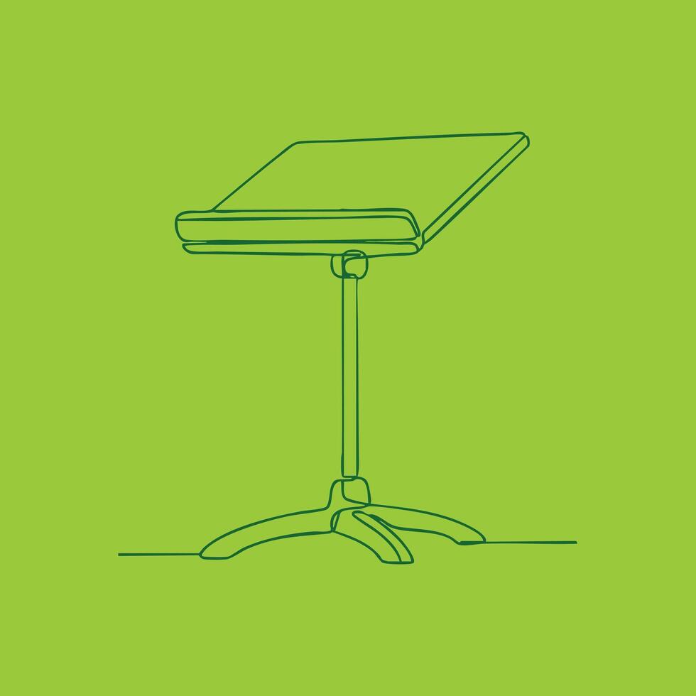 Music stand with adjustable height and a flat for holding sheet music or documents, set against a plain vector