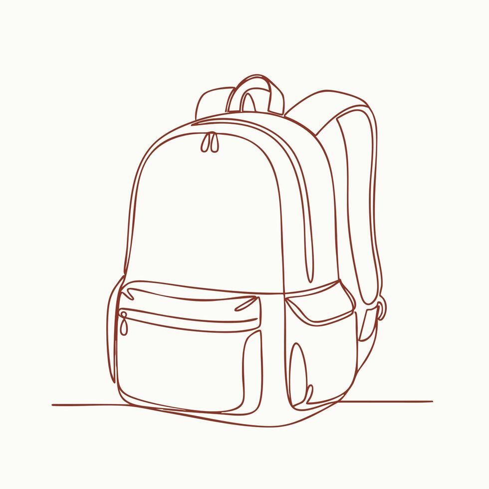 Single-line drawing of a large backpack with multiple compartments and padded straps for travel or school use vector