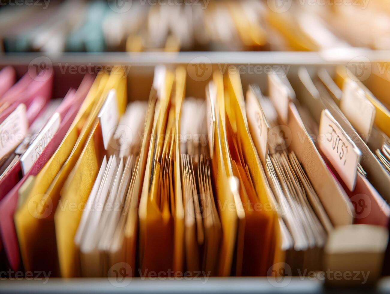 Organized rows of colorful manila folders filled with important documents inside a filing cabinet for efficient office paperwork storage and management system photo
