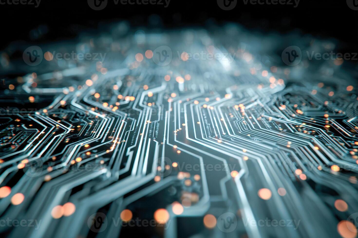 Close-up view of an illuminated electronic circuit board with glowing connections symbolizing advanced technology and digital innovation pathways photo