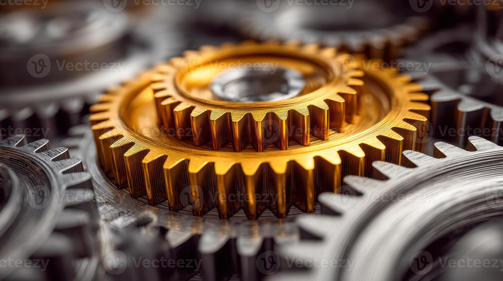 Interlocking golden and silver gears working together in a mechanical system representing precision engineering and industrial technology collaboration photo