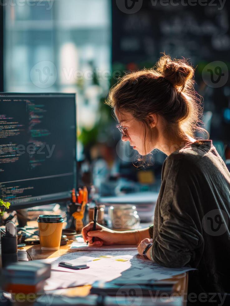 Focused female programmer working on code at a cluttered desk in a bright office environment photo