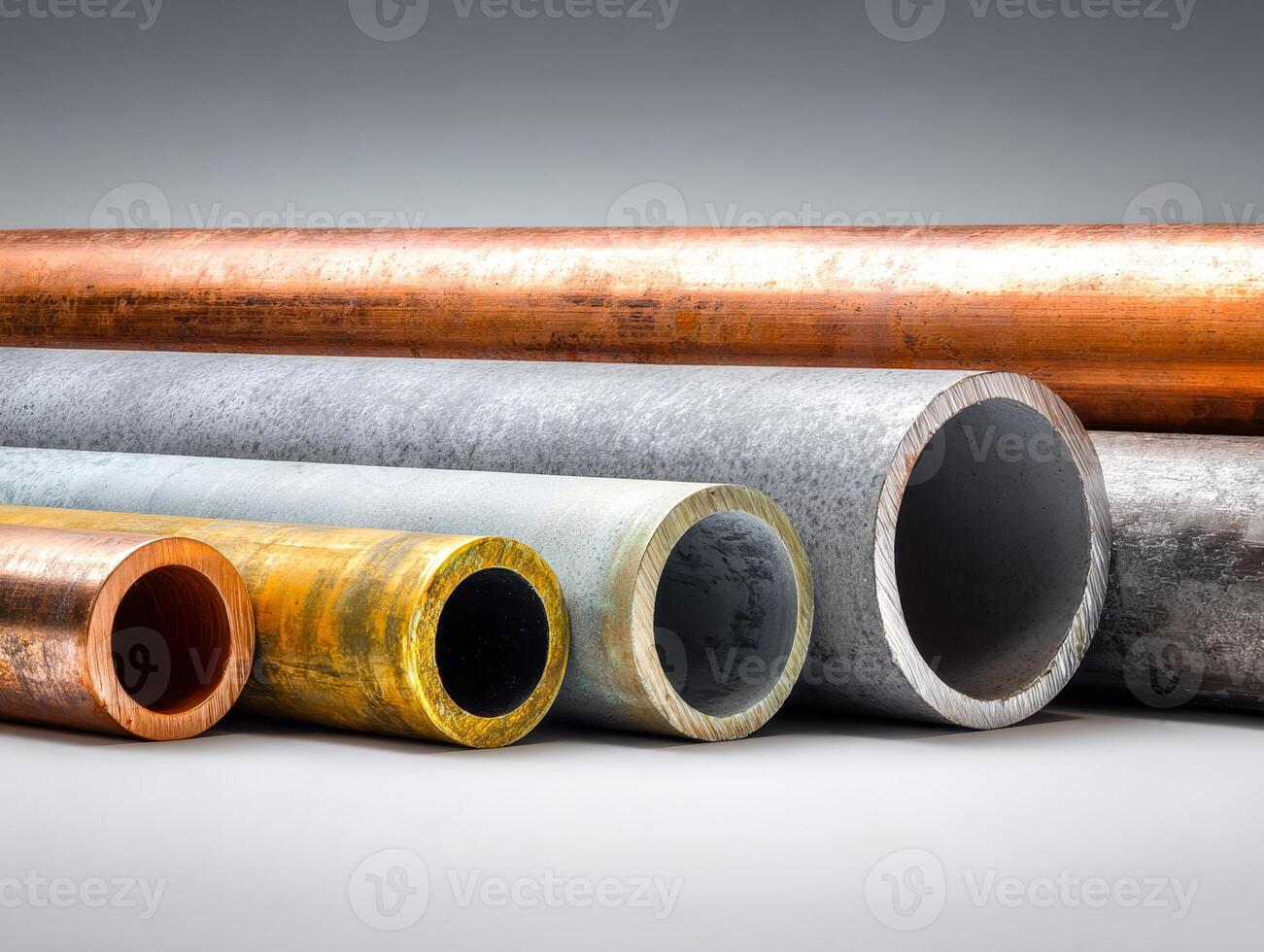 Array of colorful metallic pipes with varied sizes and textures displayed against a neutral background photo