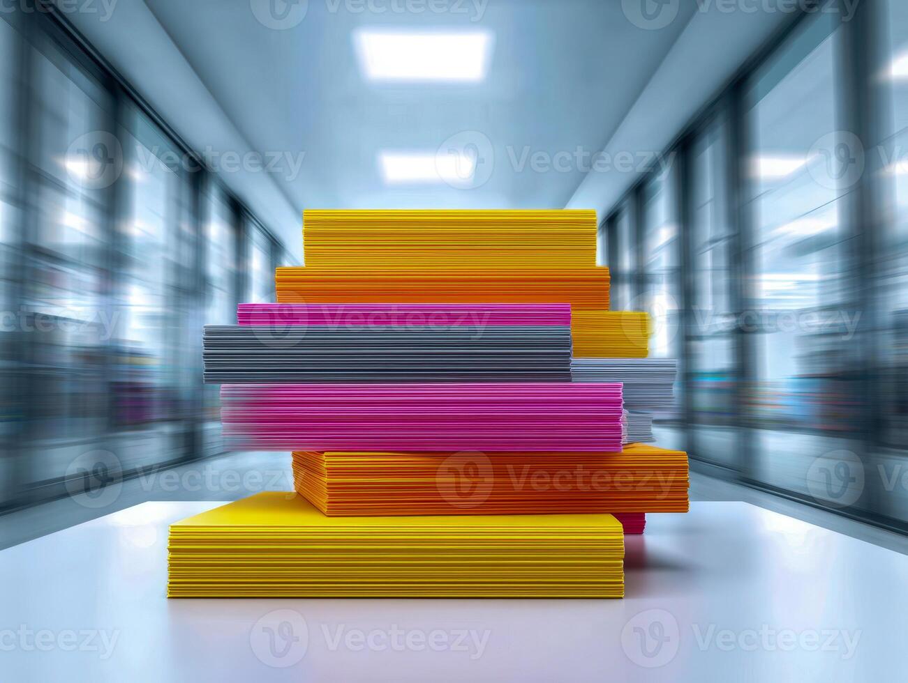 Brightly colored stacks of paper sheets arranged on a reflective surface inside a modern office corridor with large glass windows and ceiling lights photo