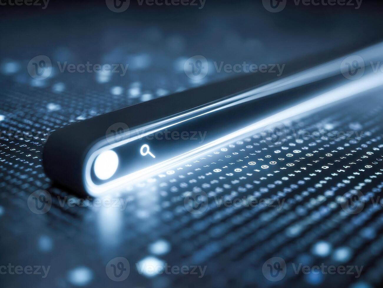 Futuristic search bar glowing in neon blue amidst streams of digital data and code representing advanced technology and internet exploration concepts photo