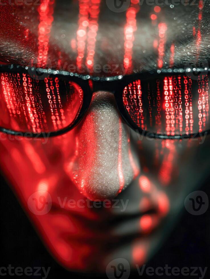 Close-up of a person wearing glasses with red digital binary code reflected on lenses creating a futuristic and cyber-themed visual effect on the face photo