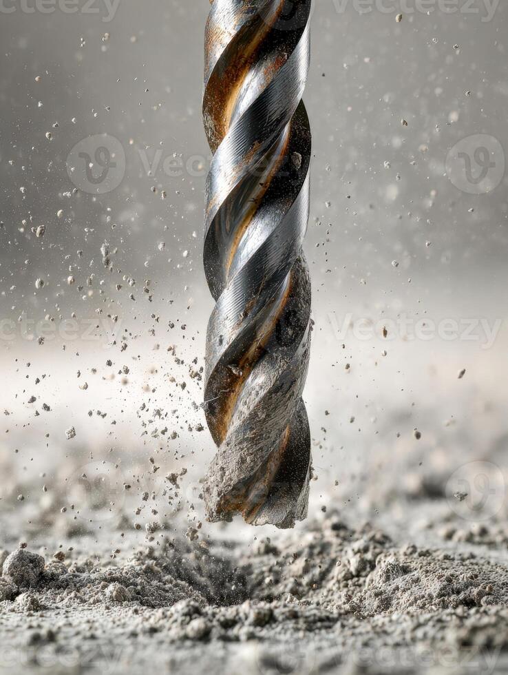 Powerful metallic drill bit breaking through dusty surface with flying debris creating dynamic dust particles in an intense industrial action scene photo