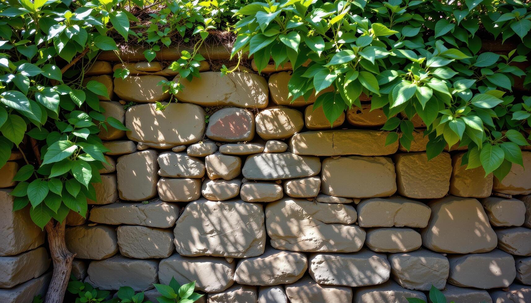ancient stone wall partially hidden by foliage, sunlight streaming through leaves, creating serene quiet patterns today. photo
