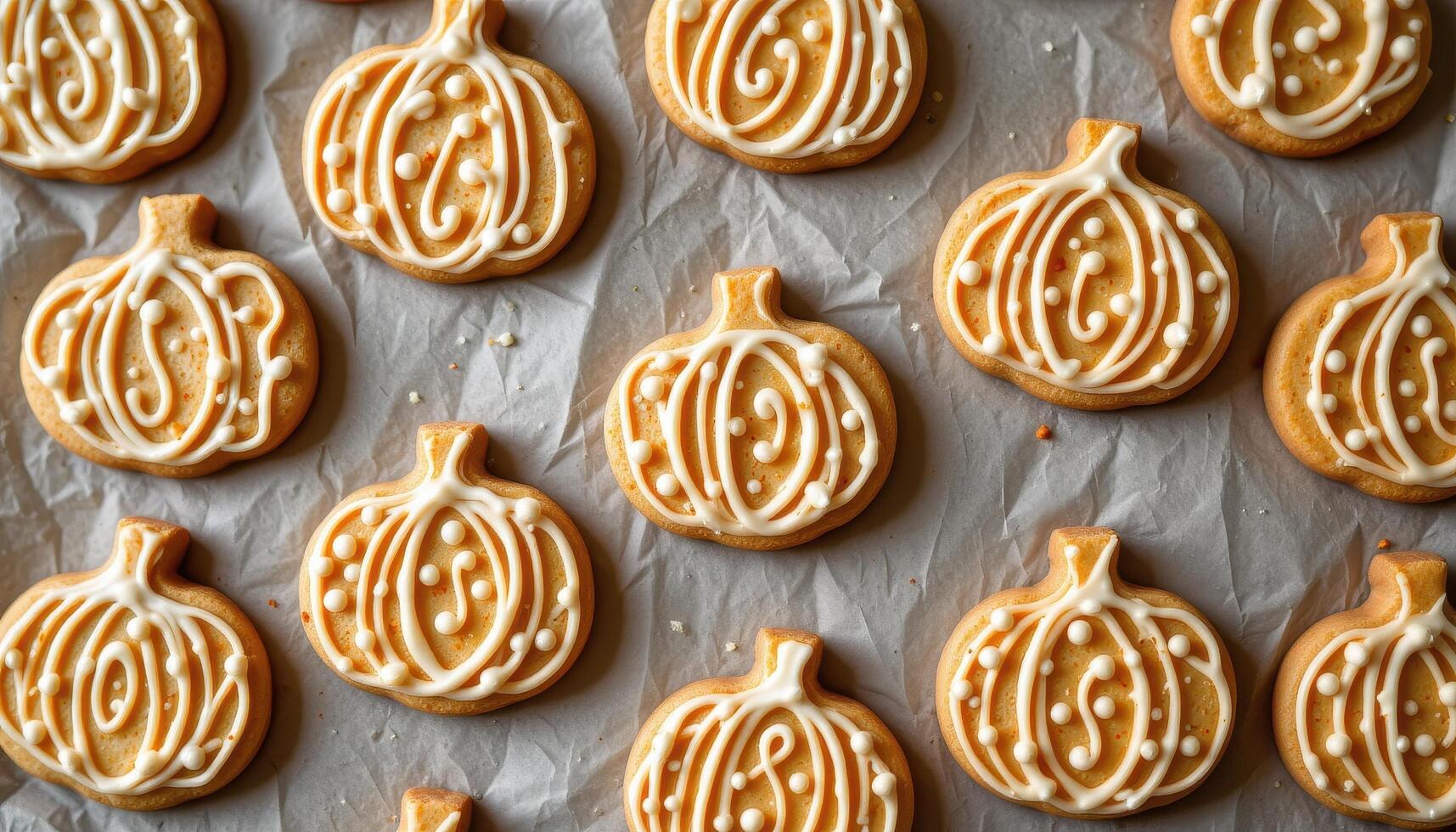 pumpkin shaped cookies with intricate icing patterns arranged neatly on parchment paper. photo