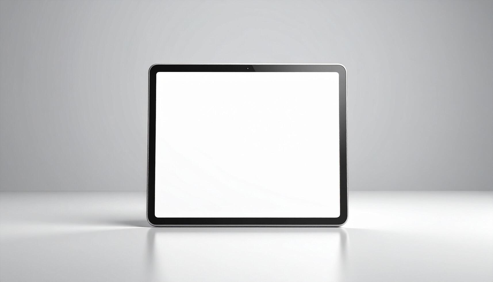 Modern tablet displays blank white screen on minimalist surface, ideal for showcasing app interfaces or digital content in a clean, professional style. photo