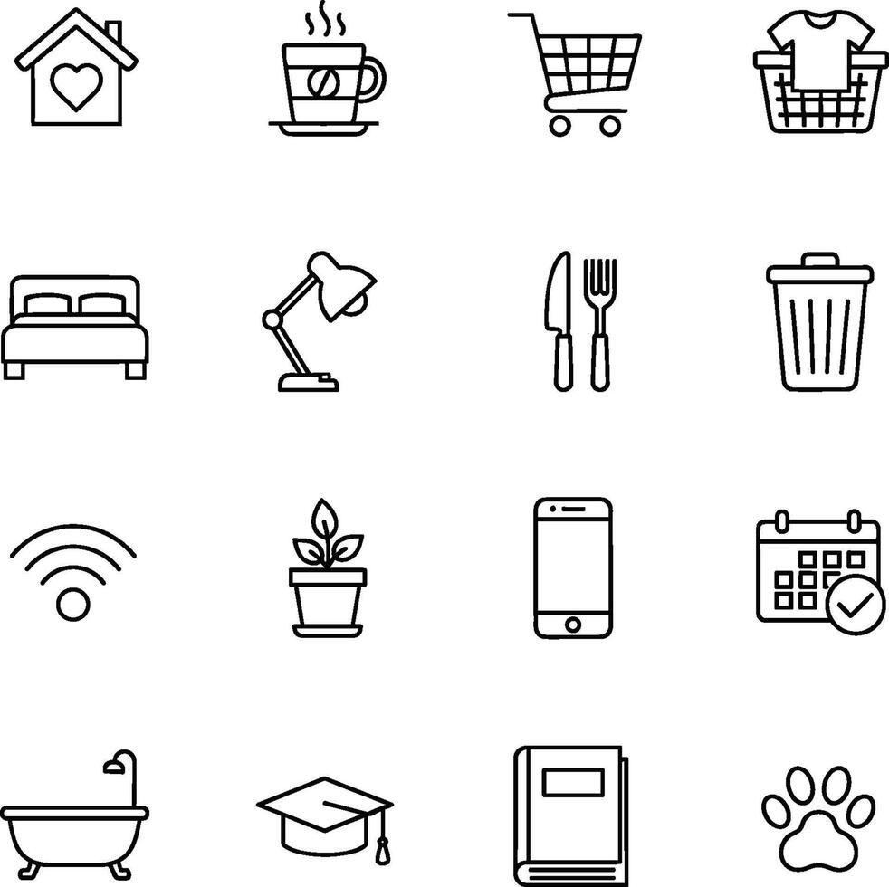 Collection of minimalist outline icons representing everyday objects and activities. vector