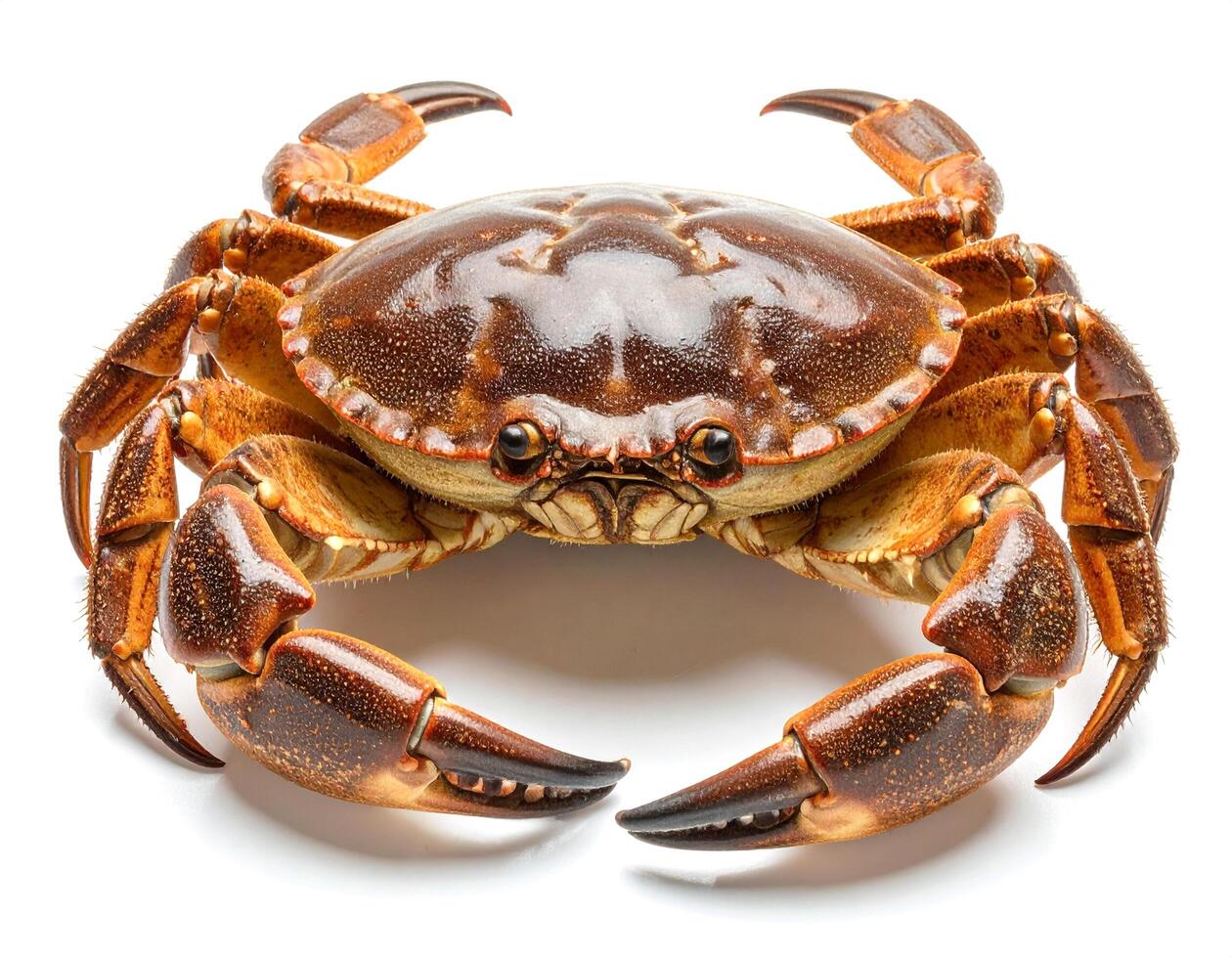 Crab poses with its claws open on a white surface, exhibiting its textured shell and powerful pincers in a studio setting. photo