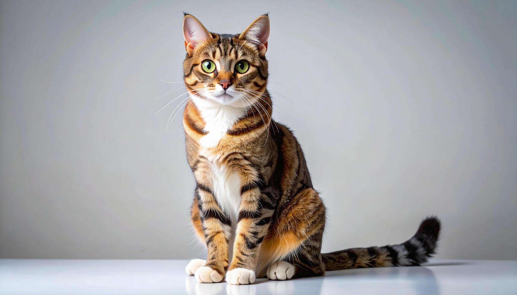 Tabby cat sitting and looking forward on white surface in studio with bright lighting, showcasing its green eyes and striped fur pattern, creating a calm mood. photo