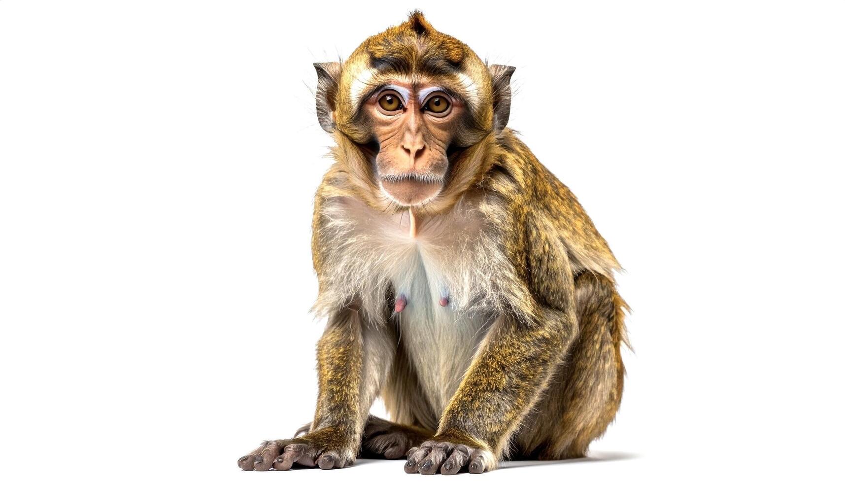 Sitting monkey looks at camera on white background in studio with curious expression, creating a captivating and endearing image. photo