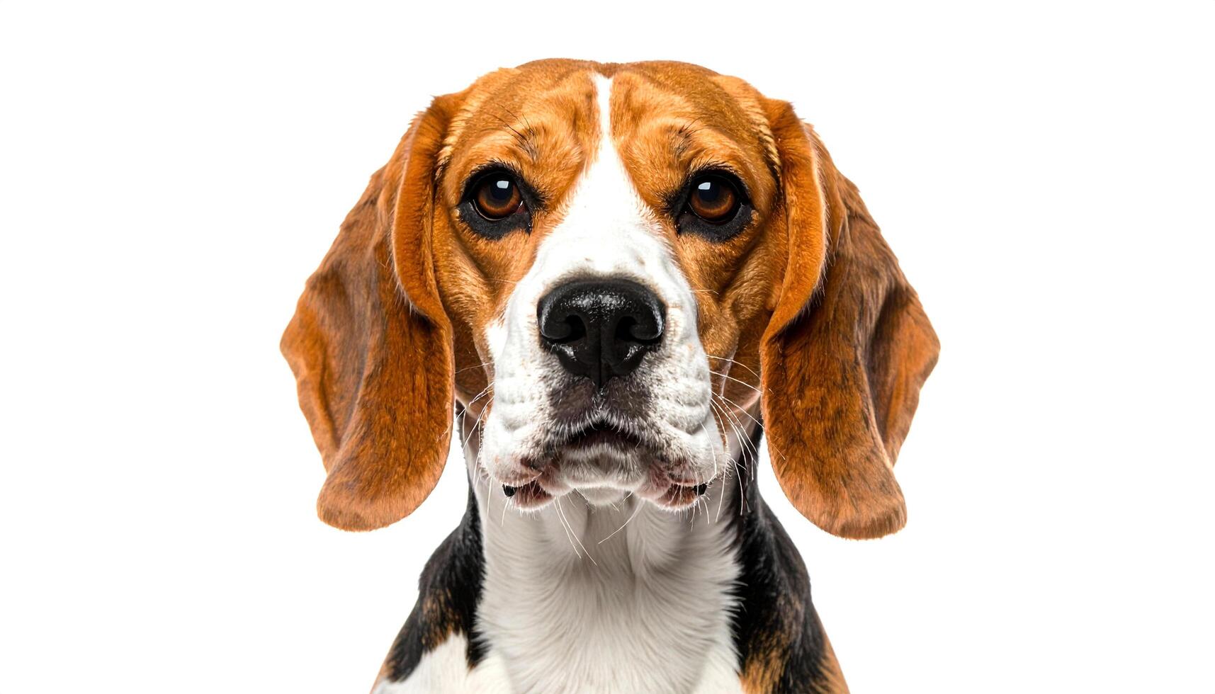 Beagle dog stares intently at the camera against a plain white backdrop, showcasing its distinctive markings and expressive eyes with a curious and focused mood. photo