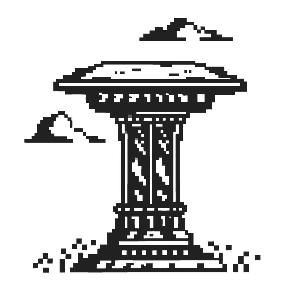 Ancient pixelated stone column with corinthian details and clouds, retro digital style, decorative vintage architecture vector