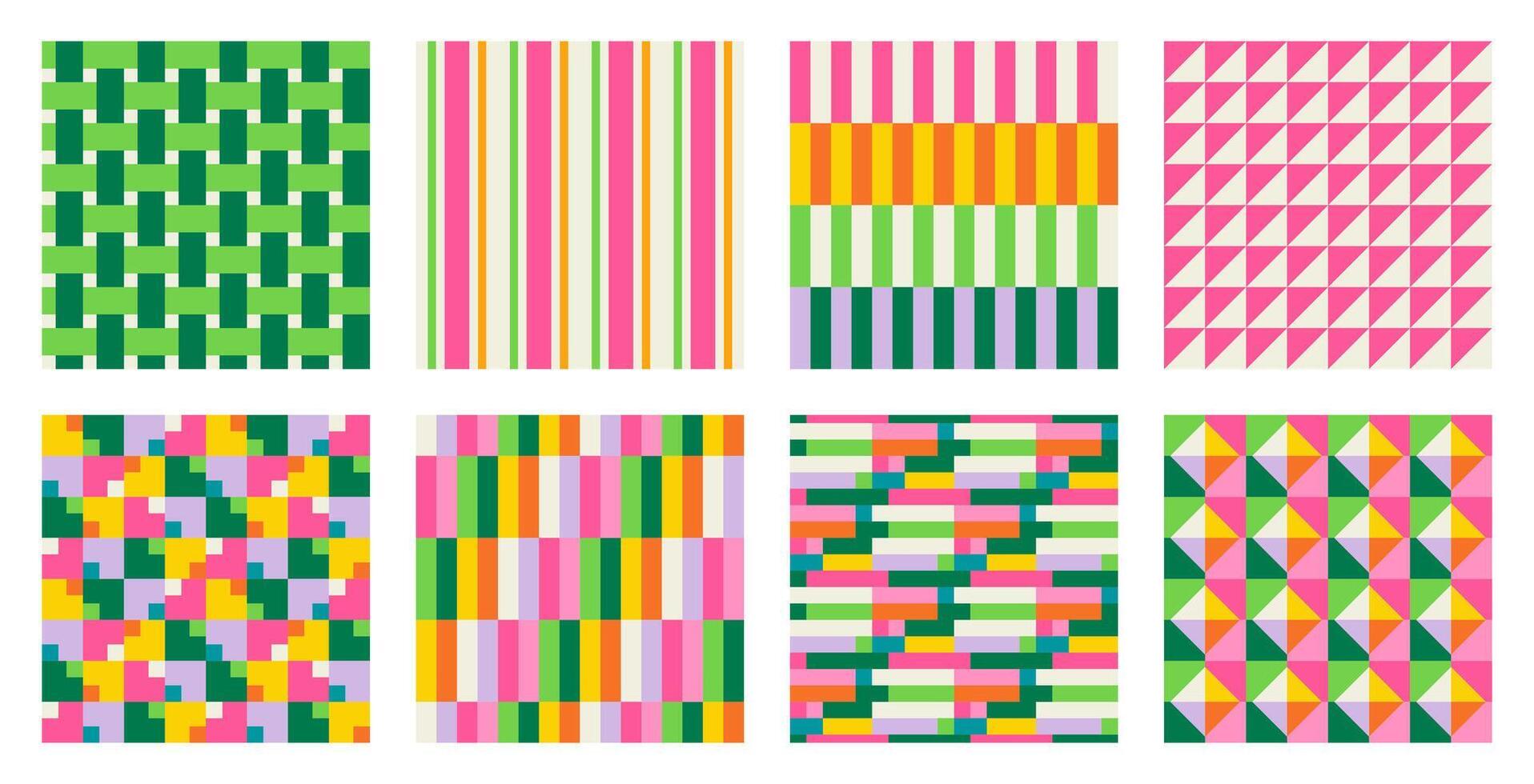 retro set geometric printable seamless pattern with abstract Minimal elegant line form stroke shapes in vibrant colors. Modern simple background in minimalist mid century style wall art vector