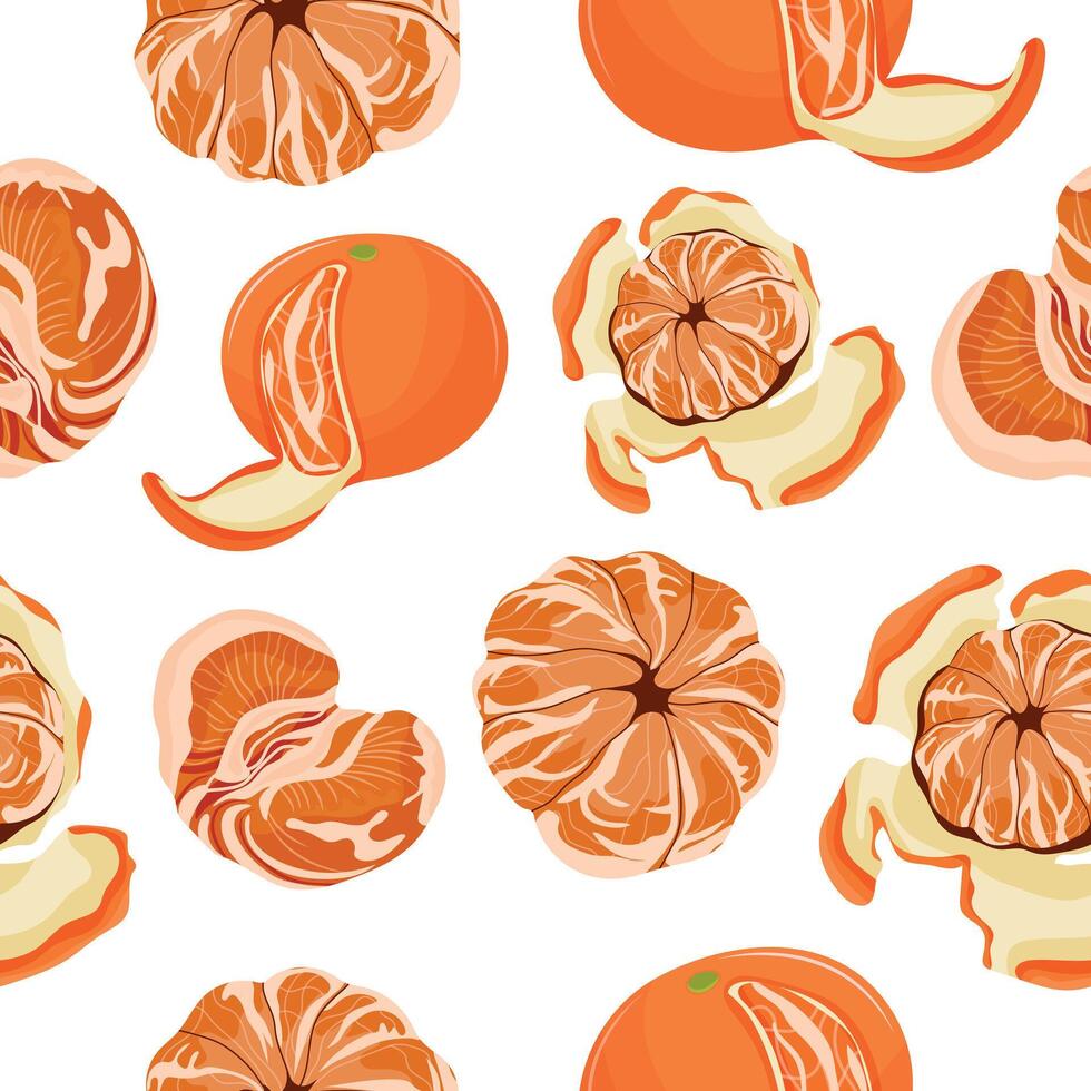 pattern with various icons of peeled and unpeeled clementine with peels and segments on a white background arranged randomly, for design, branding or packaging vector