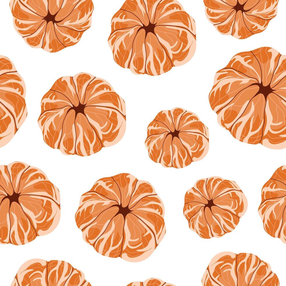 seamless pattern with peeled tangerines with whole segments on a white background arranged randomly, for design, branding or packaging vector
