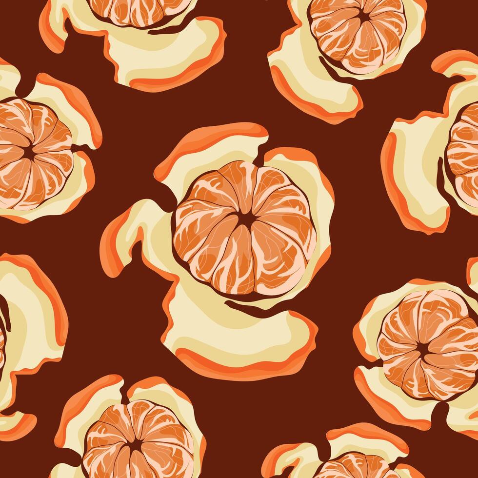 seamless pattern with peeled clementine with whole segments with peel next to it arranged randomly on a dark background, for design, branding or packaging vector