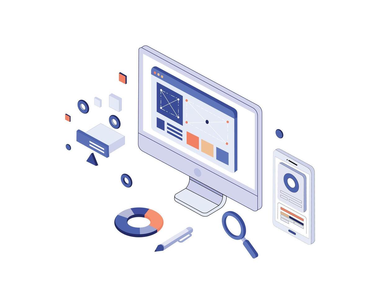 Modern Flat Isometric designed concept icons for Seo, Web Design, Apps Development. Can be used for Web Project and Applications Illustration vector